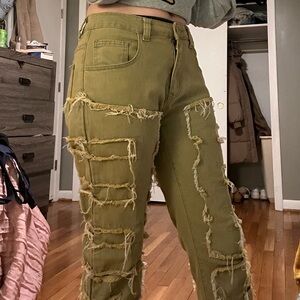 Tan/Light Brown Distressed Denim Jeans Stacked Pants Loose Fit Unisex Streetwear